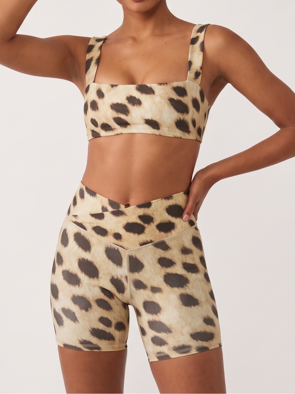 WeWoreWhat Leopard Print Activewear Set Cross over Biker Shorts & Bandeau Bra